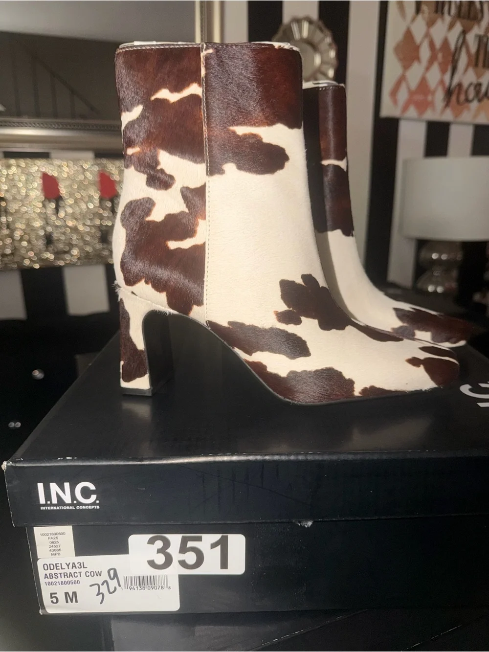 INC International Concepts Brown & Cream Cow-Print Ankle Booties